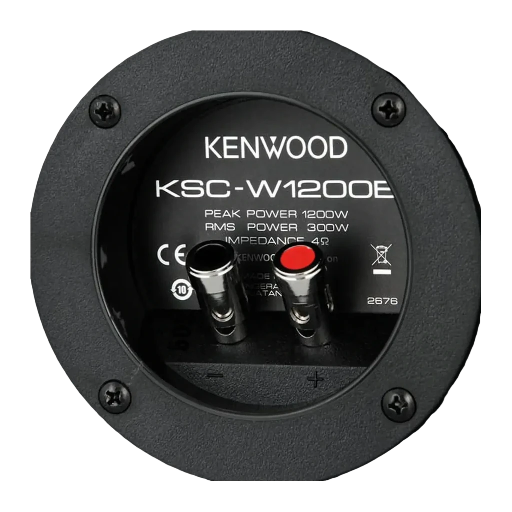 Caisson de basses voiture Kenwood 30cm Passif 300W RMS Noir KSC-W1200B, détail: panneau arrière avec bornes de connexion
