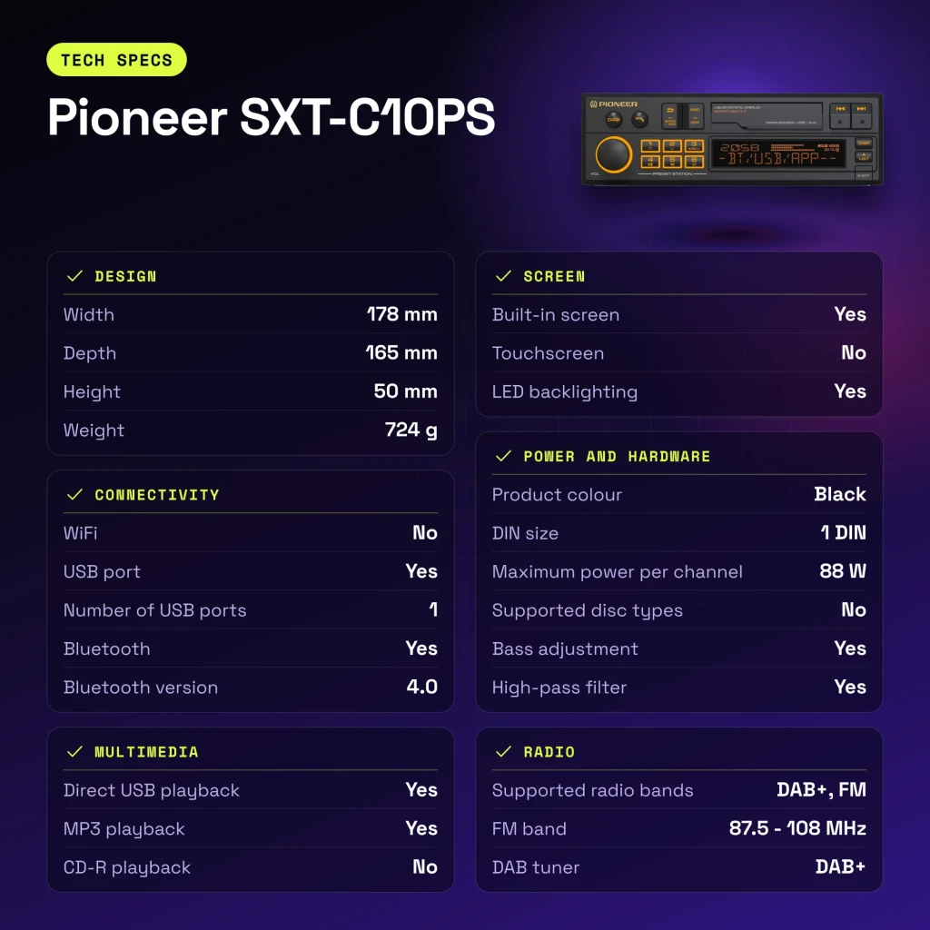 Autorradio Pioneer Negro 1 DIN Bluetooth 4.0 SXT-C10PS - características