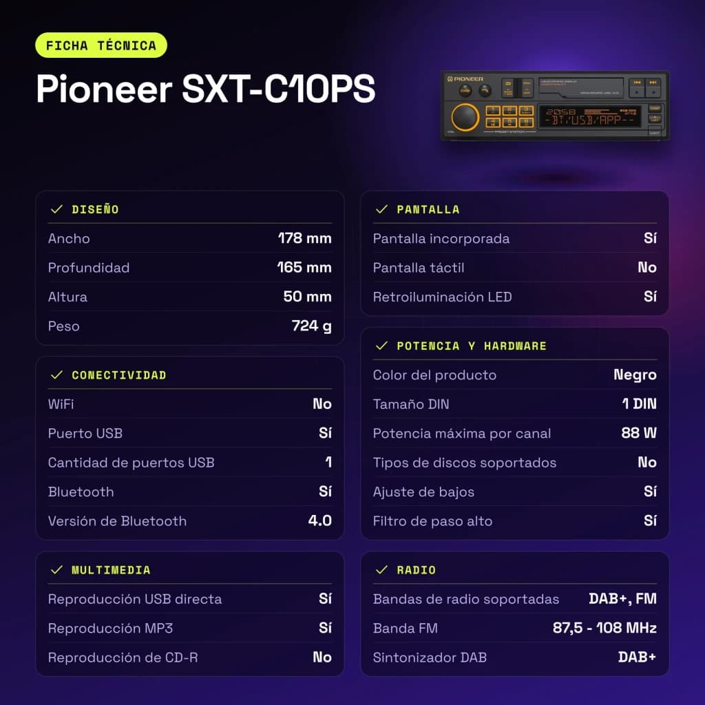 Autorradio Pioneer Negro 1 DIN Bluetooth 4.0 SXT-C10PS - características