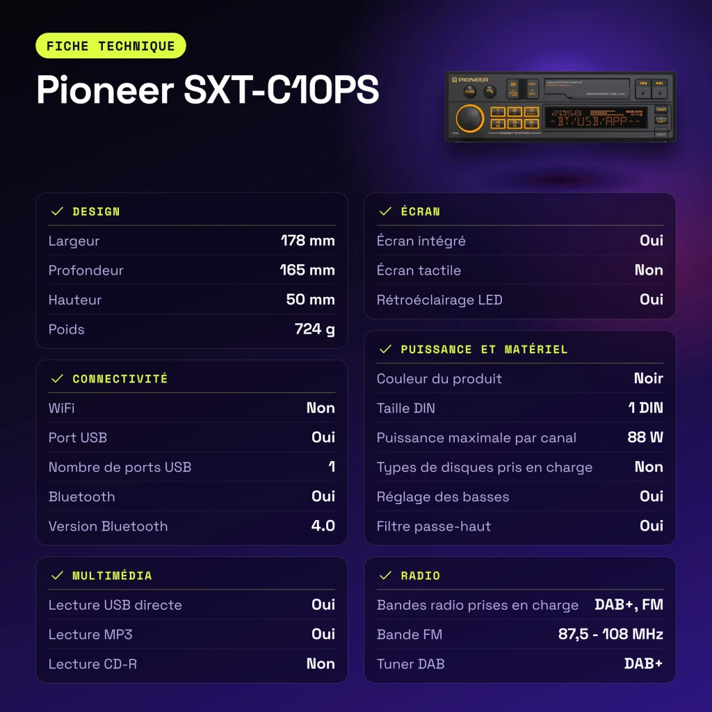 Autorradio Pioneer Negro 1 DIN Bluetooth 4.0 SXT-C10PS - características