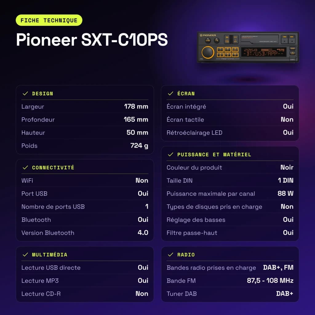 Autorradio Pioneer Negro 1 DIN Bluetooth 4.0 SXT-C10PS - características