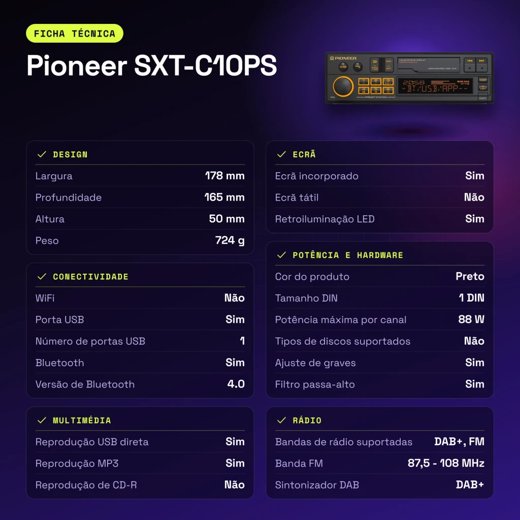 Autorradio Pioneer Negro 1 DIN Bluetooth 4.0 SXT-C10PS - características