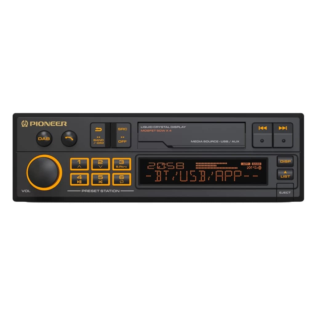 Autorradio Pioneer Negro 1 DIN Bluetooth 4.0 SXT-C10PS, vista frontal: pantalla LCD, botones naranjas y mando de volumen