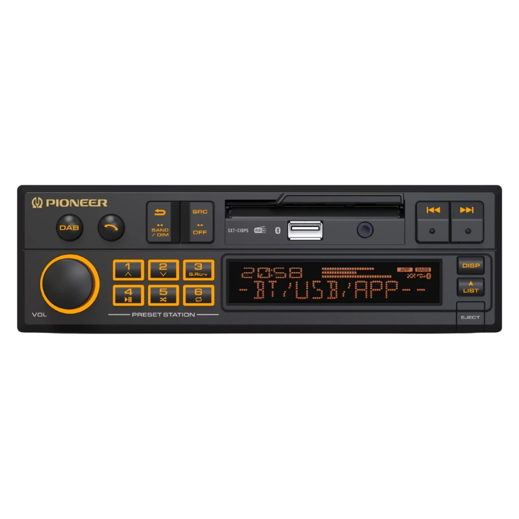 Autorradio Pioneer Negro 1 DIN Bluetooth 4.0 SXT-C10PS, vista frontal: pantalla LED naranja con BT/USB/APP, botones preset