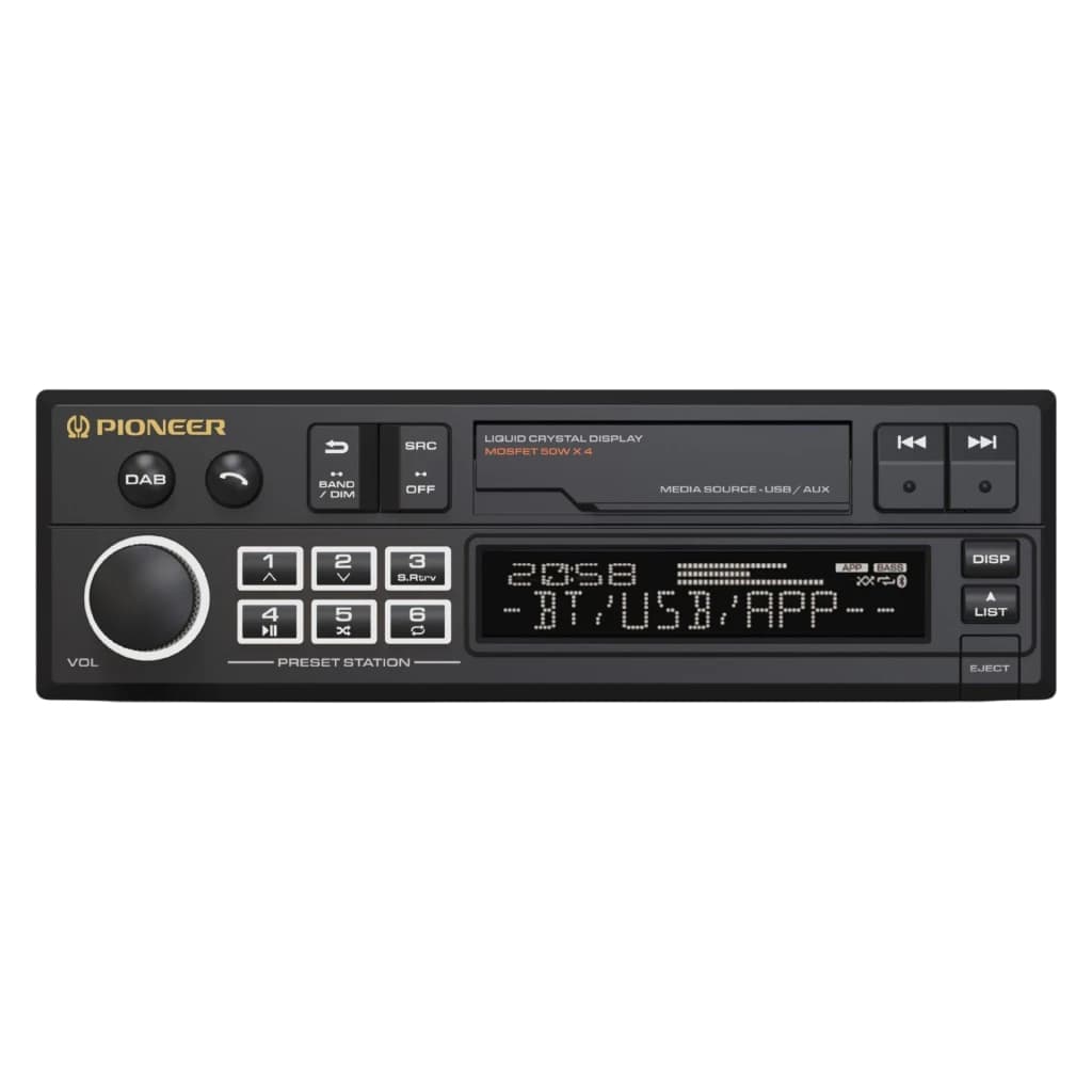 Autorradio Pioneer Negro 1 DIN Bluetooth 4.0 SXT-C10PS, vista frontal: pantalla LCD, mando de volumen y botones