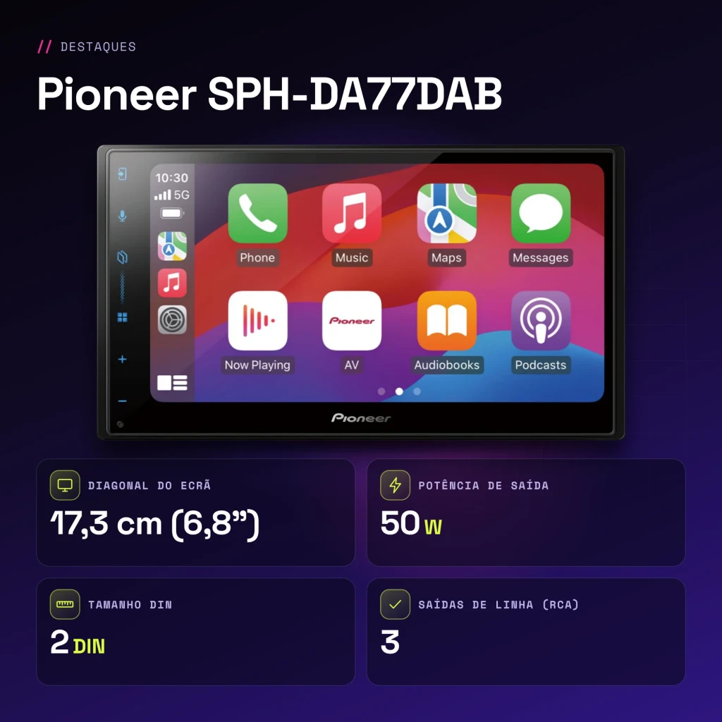 Autoradio Pioneer Noir CarPlay Android Auto Bluetooth 6.8 pouces SPH-DA77DAB - caractéristiques