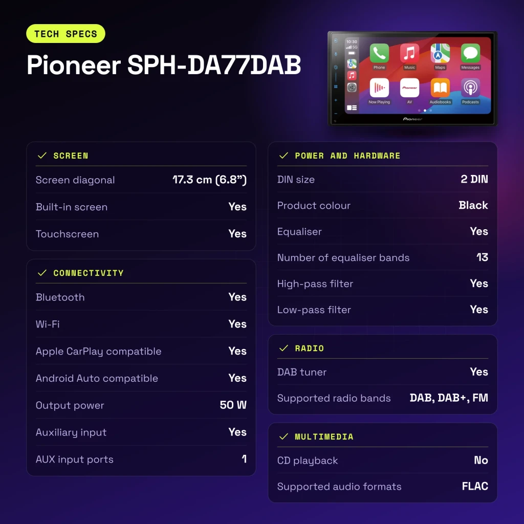 Autoradio Pioneer Noir CarPlay Android Auto Bluetooth 6.8 pouces SPH-DA77DAB - caractéristiques