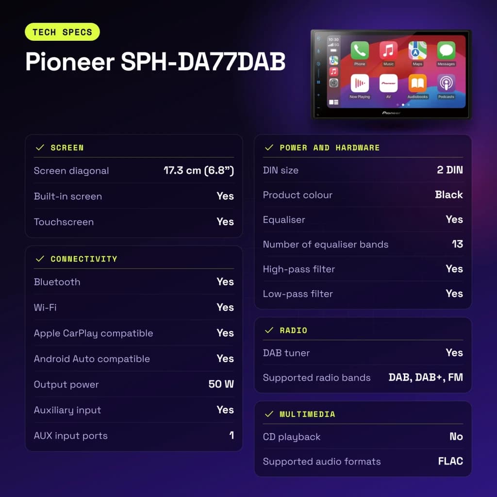 Autoradio Pioneer Noir CarPlay Android Auto Bluetooth 6.8 pouces SPH-DA77DAB - caractéristiques