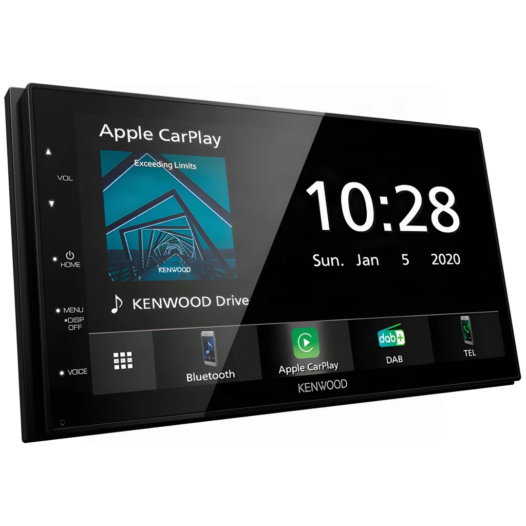 Autoradio Kenwood Noir CarPlay Android Auto Bluetooth 2DIN DMX5020DABS, vue avant en angle: écran tactile avec interface