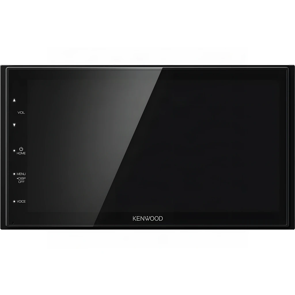 Autoradio Kenwood Noir CarPlay Android Auto Bluetooth 2DIN DMX5020DABS, vue de face: écran tactile éteint avec boutons VOL
