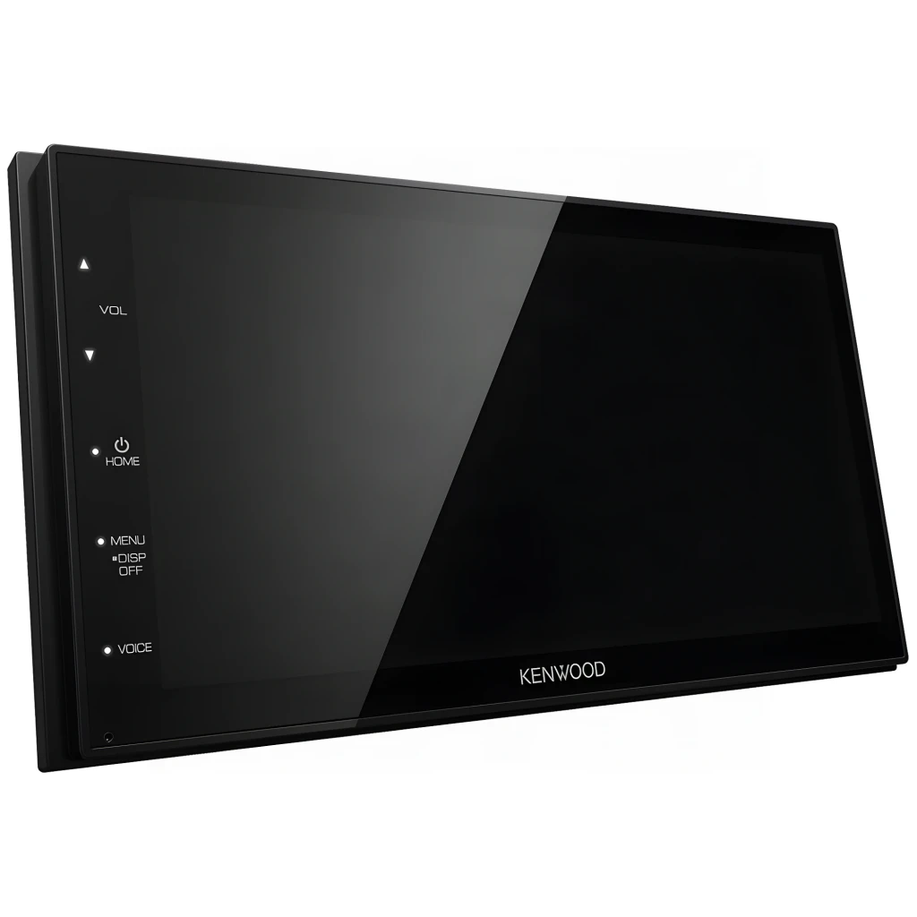 Autoradio Kenwood Noir CarPlay Android Auto Bluetooth 2DIN DMX5020DABS, vue en angle: écran tactile et boutons latéraux VOL