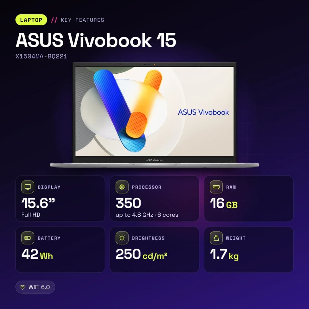 Portátil ASUS Vivobook 15 16GB/512GB 15,6 pulgadas Full HD Intel Core 7 350 SSD NVMe PCIe 4.0 Sin Sistema Operativo Plata X1504MA-BQ221 - características