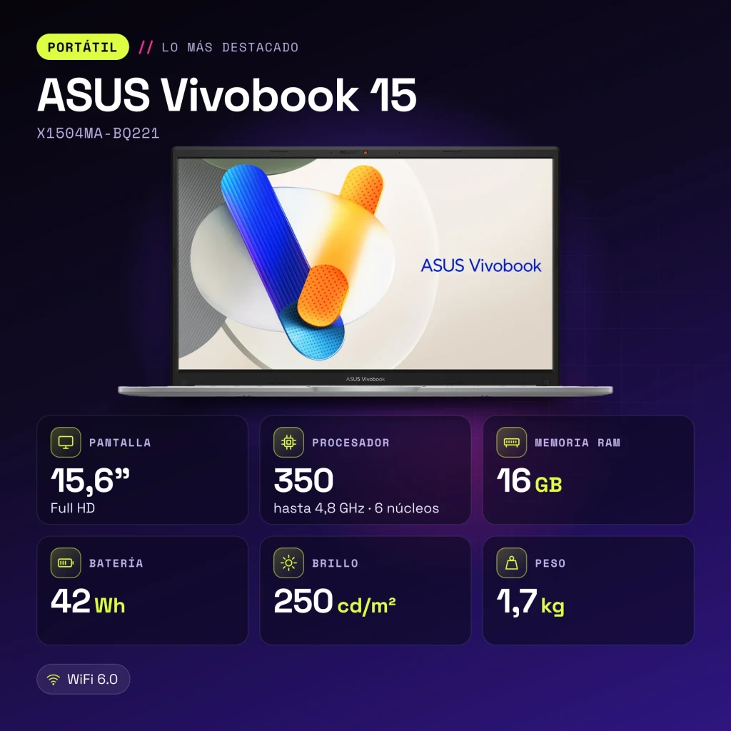 Portátil ASUS Vivobook 15 16GB/512GB 15,6 pulgadas Full HD Intel Core 7 350 SSD NVMe PCIe 4.0 Sin Sistema Operativo Plata X1504MA-BQ221 - características