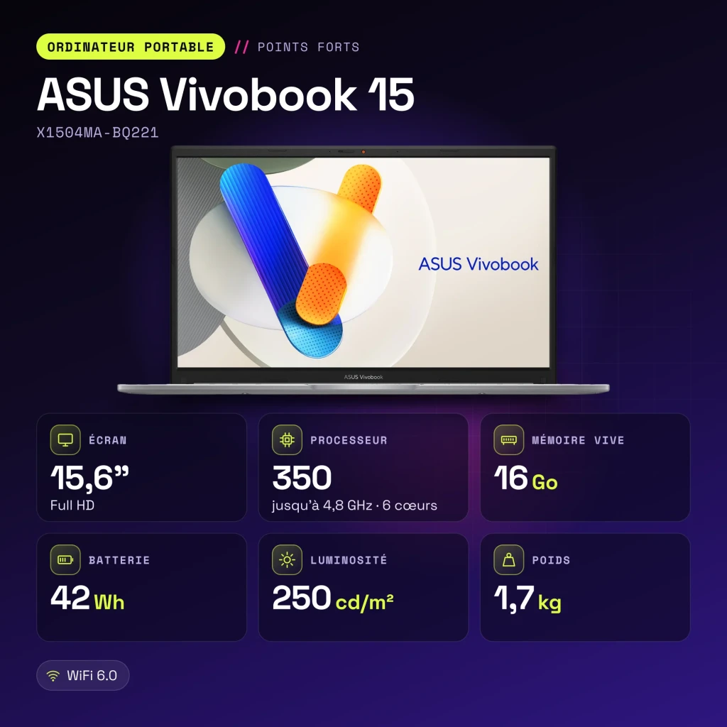 Portátil ASUS Vivobook 15 16GB/512GB 15,6 pulgadas Full HD Intel Core 7 350 SSD NVMe PCIe 4.0 Sin Sistema Operativo Plata X1504MA-BQ221 - características