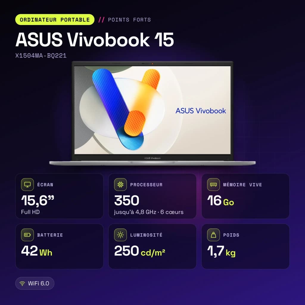 Portátil ASUS Vivobook 15 16GB/512GB 15,6 pulgadas Full HD Intel Core 7 350 SSD NVMe PCIe 4.0 Sin Sistema Operativo Plata X1504MA-BQ221 - características