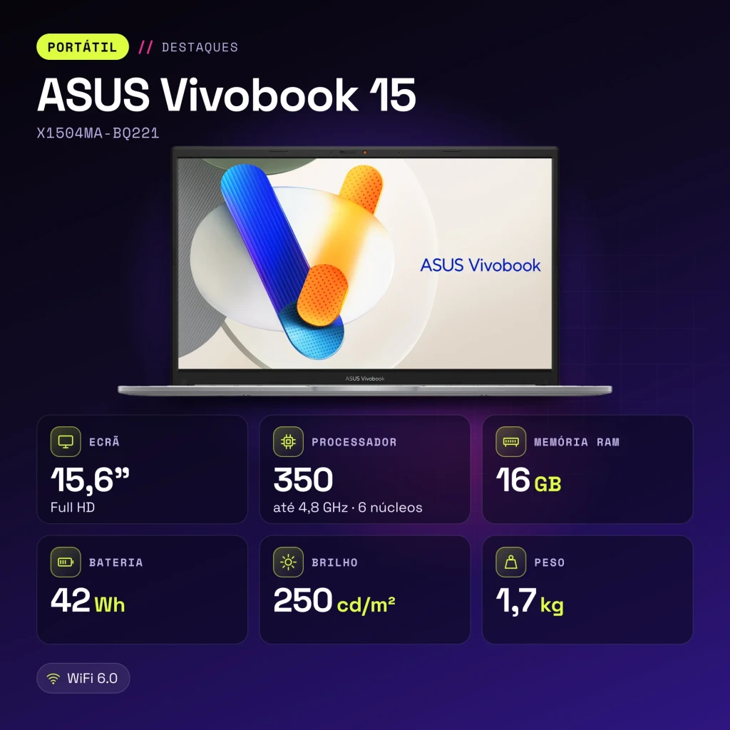 Portátil ASUS Vivobook 15 16GB/512GB 15,6 pulgadas Full HD Intel Core 7 350 SSD NVMe PCIe 4.0 Sin Sistema Operativo Plata X1504MA-BQ221 - características