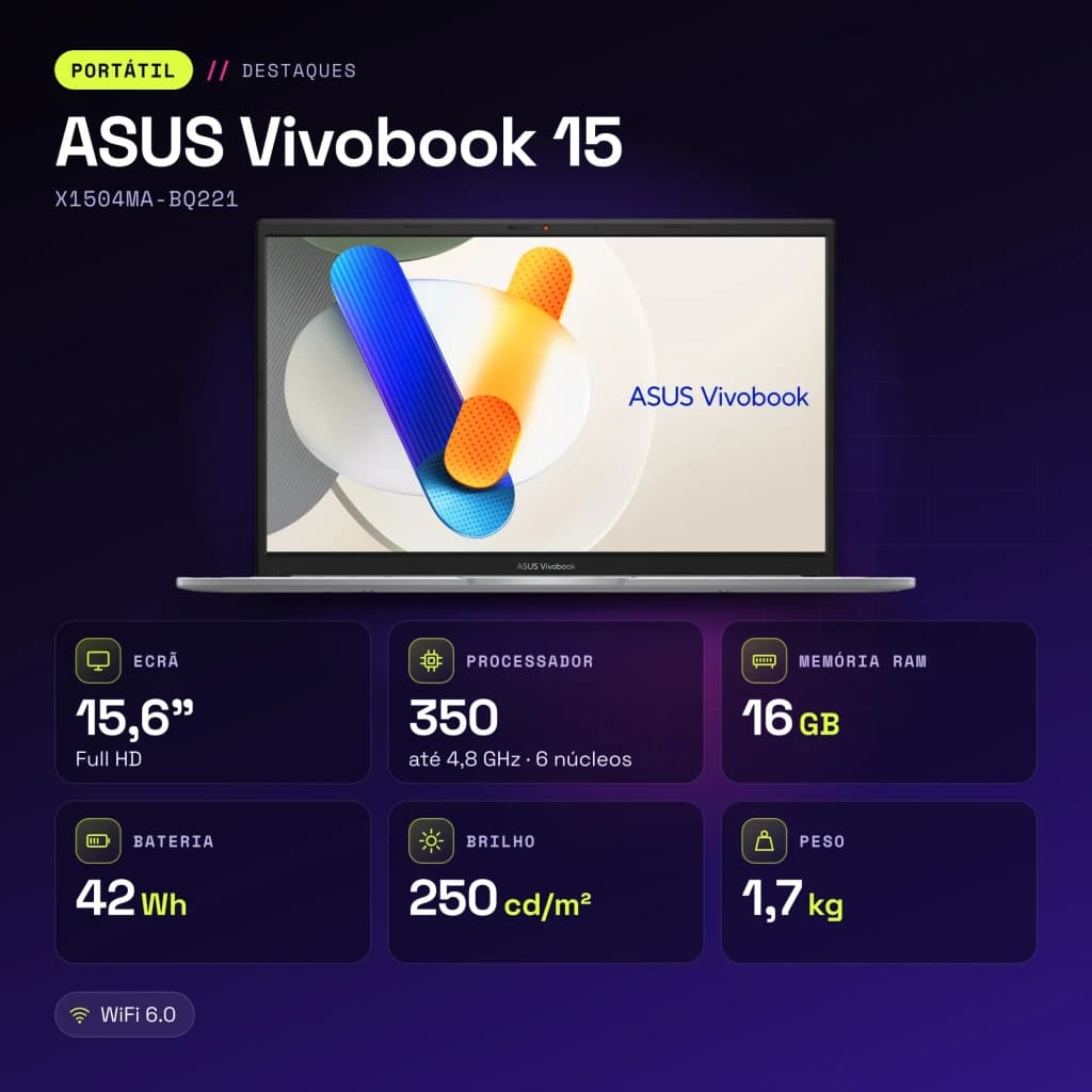 Portátil ASUS Vivobook 15 16GB/512GB 15,6 pulgadas Full HD Intel Core 7 350 SSD NVMe PCIe 4.0 Sin Sistema Operativo Plata X1504MA-BQ221 - características