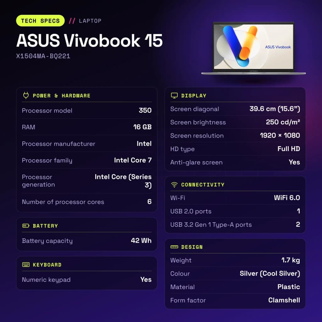 Portátil ASUS Vivobook 15 16GB/512GB 15,6 pulgadas Full HD Intel Core 7 350 SSD NVMe PCIe 4.0 Sin Sistema Operativo Plata X1504MA-BQ221 - características
