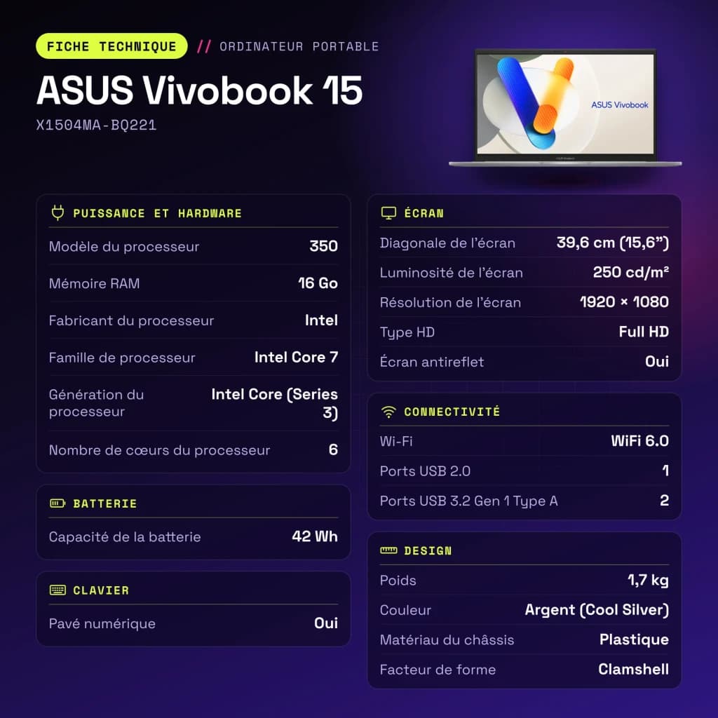 Portátil ASUS Vivobook 15 16GB/512GB 15,6 pulgadas Full HD Intel Core 7 350 SSD NVMe PCIe 4.0 Sin Sistema Operativo Plata X1504MA-BQ221 - características