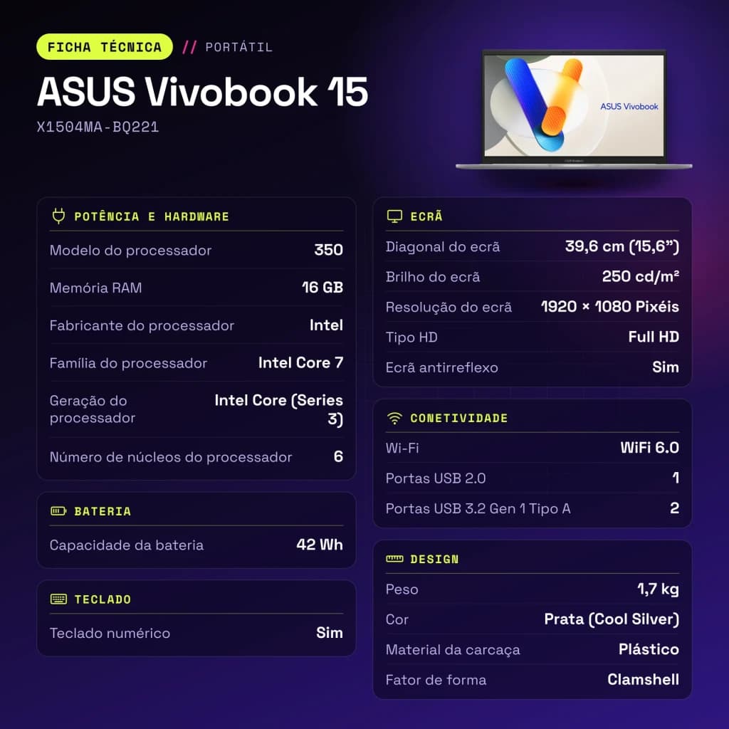 Portátil ASUS Vivobook 15 16GB/512GB 15,6 pulgadas Full HD Intel Core 7 350 SSD NVMe PCIe 4.0 Sin Sistema Operativo Plata X1504MA-BQ221 - características