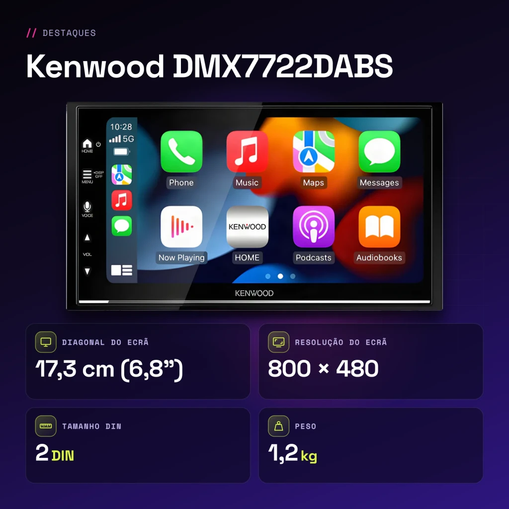 Autorádio Kenwood Preto CarPlay Android Auto Sem Fios 6.8 polegadas DMX7722DABS - características
