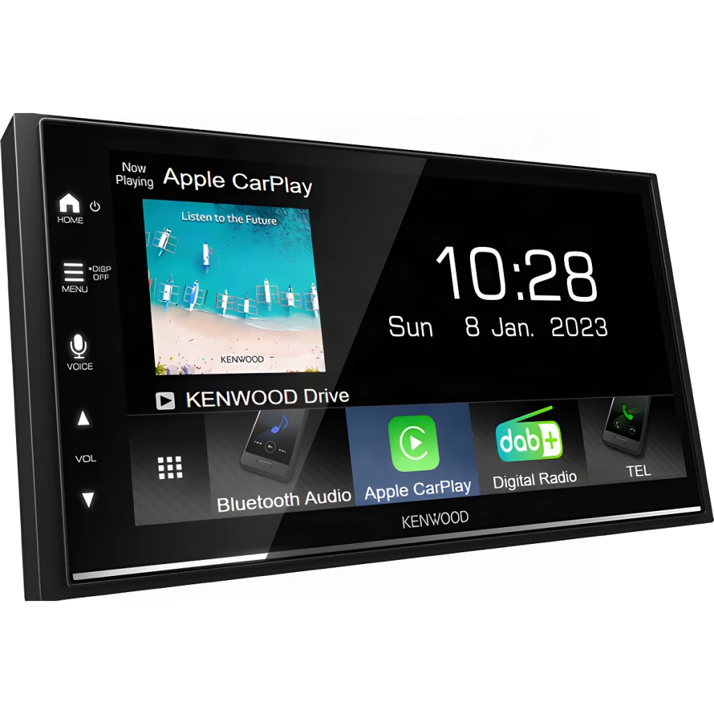 Autorádio Kenwood Preto CarPlay Android Auto Sem Fios 6.8 polegadas DMX7722DABS, vista em ângulo: ecrã tátil com Apple