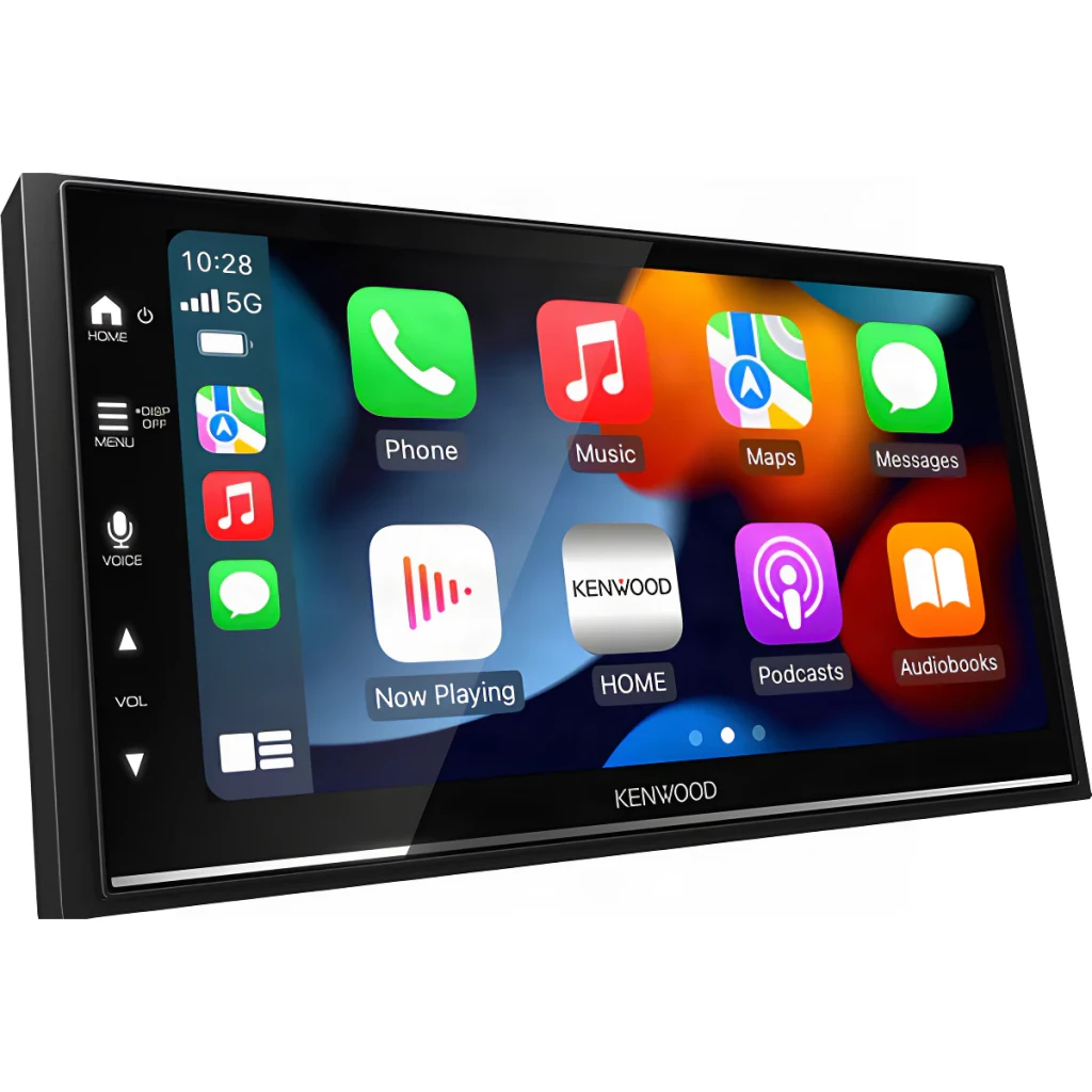 Autorádio Kenwood Preto CarPlay Android Auto Sem Fios 6.8 polegadas DMX7722DABS, vista em ângulo: ecrã tátil com interface