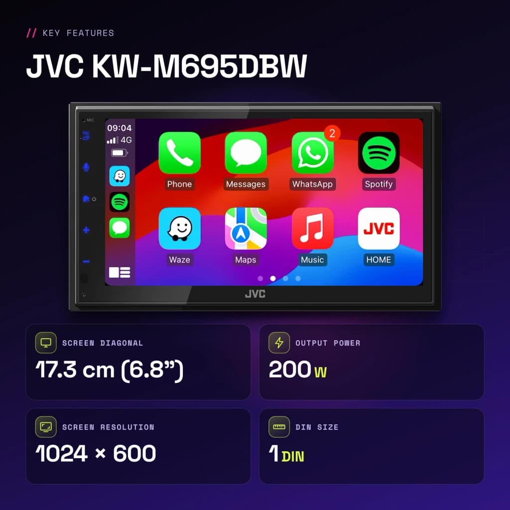 Autorradio JVC Negro CarPlay Android Auto Inalámbrico 6.8 pulgadas KW-M695DBW - características