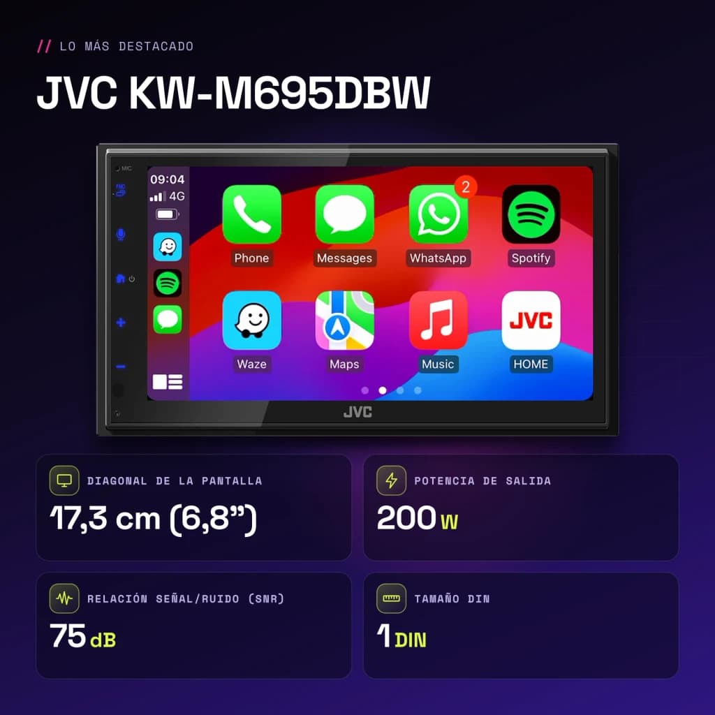 Autorradio JVC Negro CarPlay Android Auto Inalámbrico 6.8 pulgadas KW-M695DBW - características