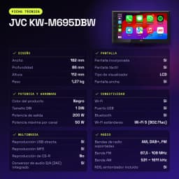 Autorradio JVC Negro CarPlay Android Auto Inalámbrico 6.8 pulgadas KW-M695DBW - características