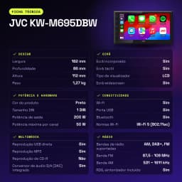 Autorradio JVC Negro CarPlay Android Auto Inalámbrico 6.8 pulgadas KW-M695DBW - características