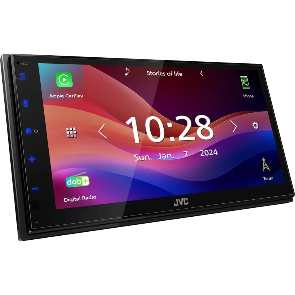 Autorradio JVC Negro CarPlay Android Auto Inalámbrico 6.8 pulgadas KW-M695DBW, vista frontal en ángulo: pantalla táctil