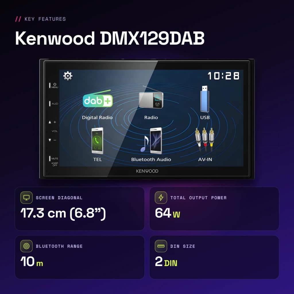 Autorradio Kenwood Negro 6,8 pulgadas 2DIN Bluetooth 5.0 DMX129DAB - características