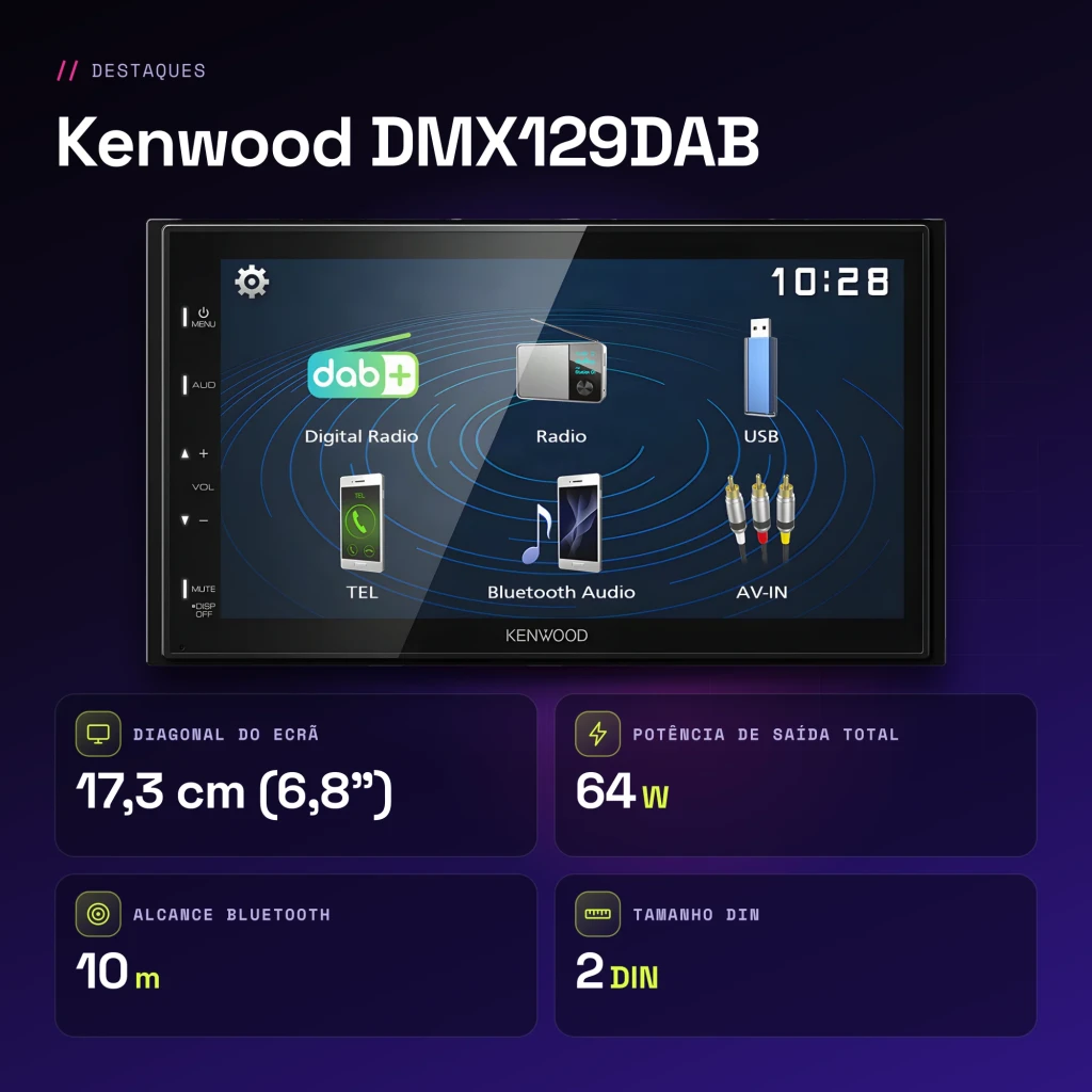Autorradio Kenwood Negro 6,8 pulgadas 2DIN Bluetooth 5.0 DMX129DAB - características