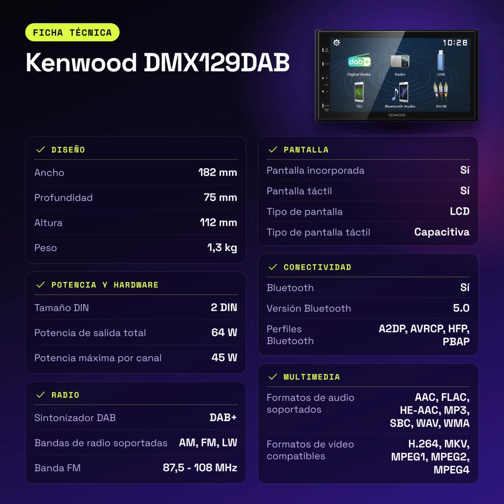 Autorradio Kenwood Negro 6,8 pulgadas 2DIN Bluetooth 5.0 DMX129DAB - características