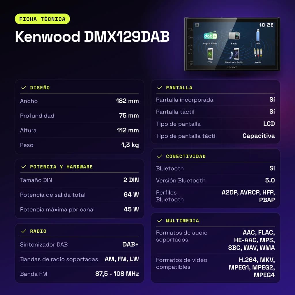 Autorradio Kenwood Negro 6,8 pulgadas 2DIN Bluetooth 5.0 DMX129DAB - características