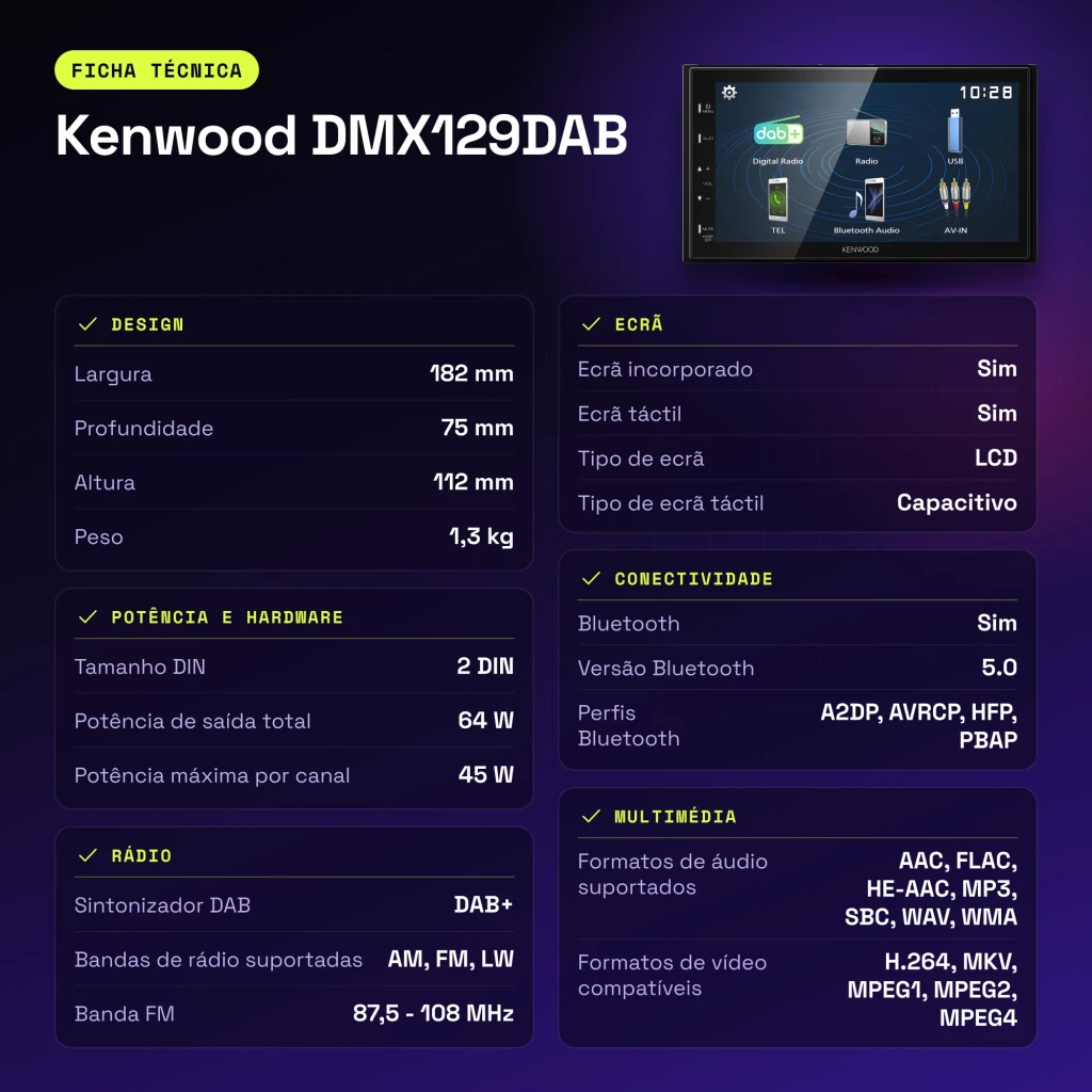 Autorradio Kenwood Negro 6,8 pulgadas 2DIN Bluetooth 5.0 DMX129DAB - características