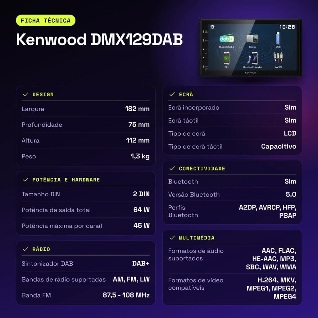 Autorradio Kenwood Negro 6,8 pulgadas 2DIN Bluetooth 5.0 DMX129DAB - características