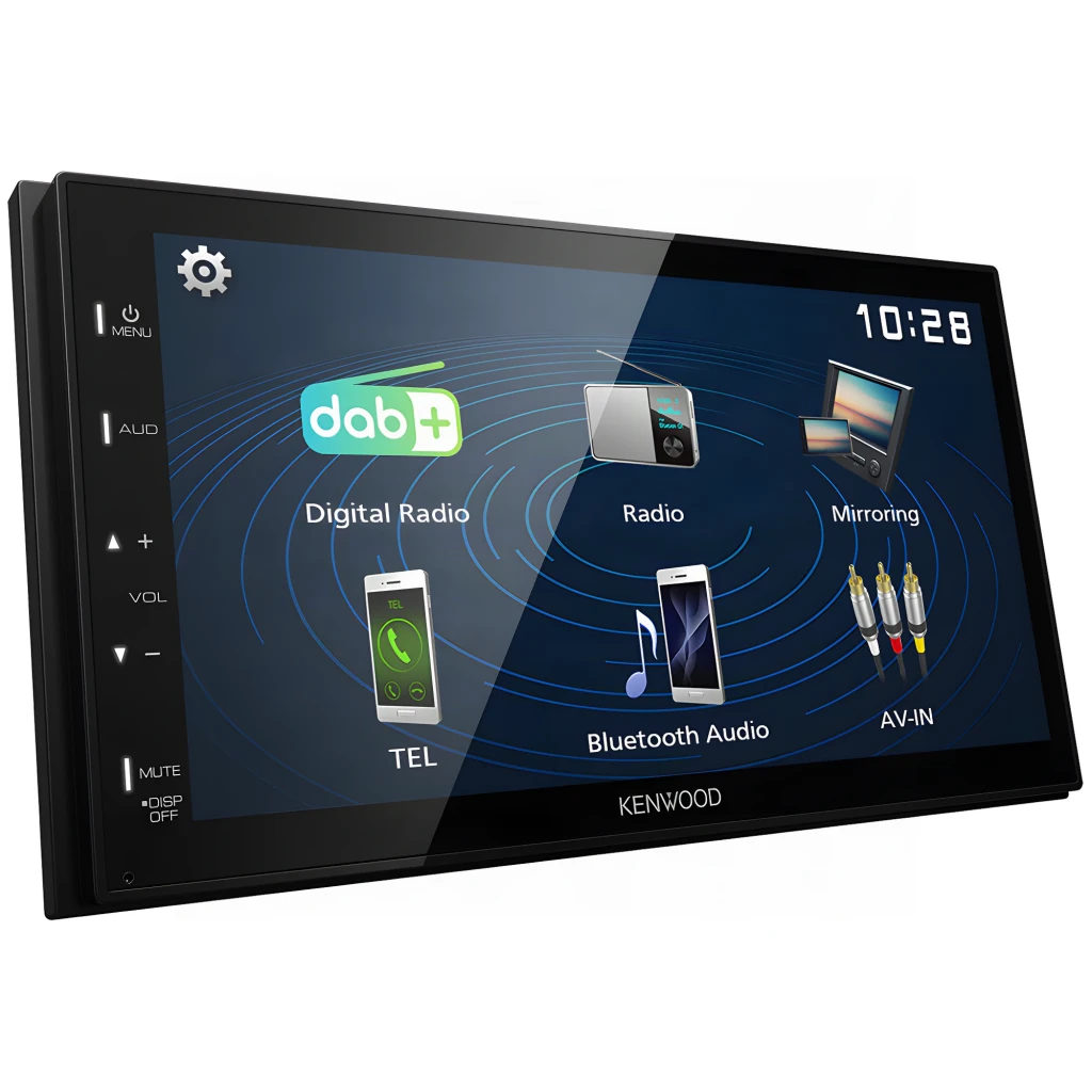 Autorradio Kenwood Negro 6,8 pulgadas 2DIN Bluetooth 5.0 DMX129DAB, vista frontal en ángulo: pantalla táctil con menú DAB+