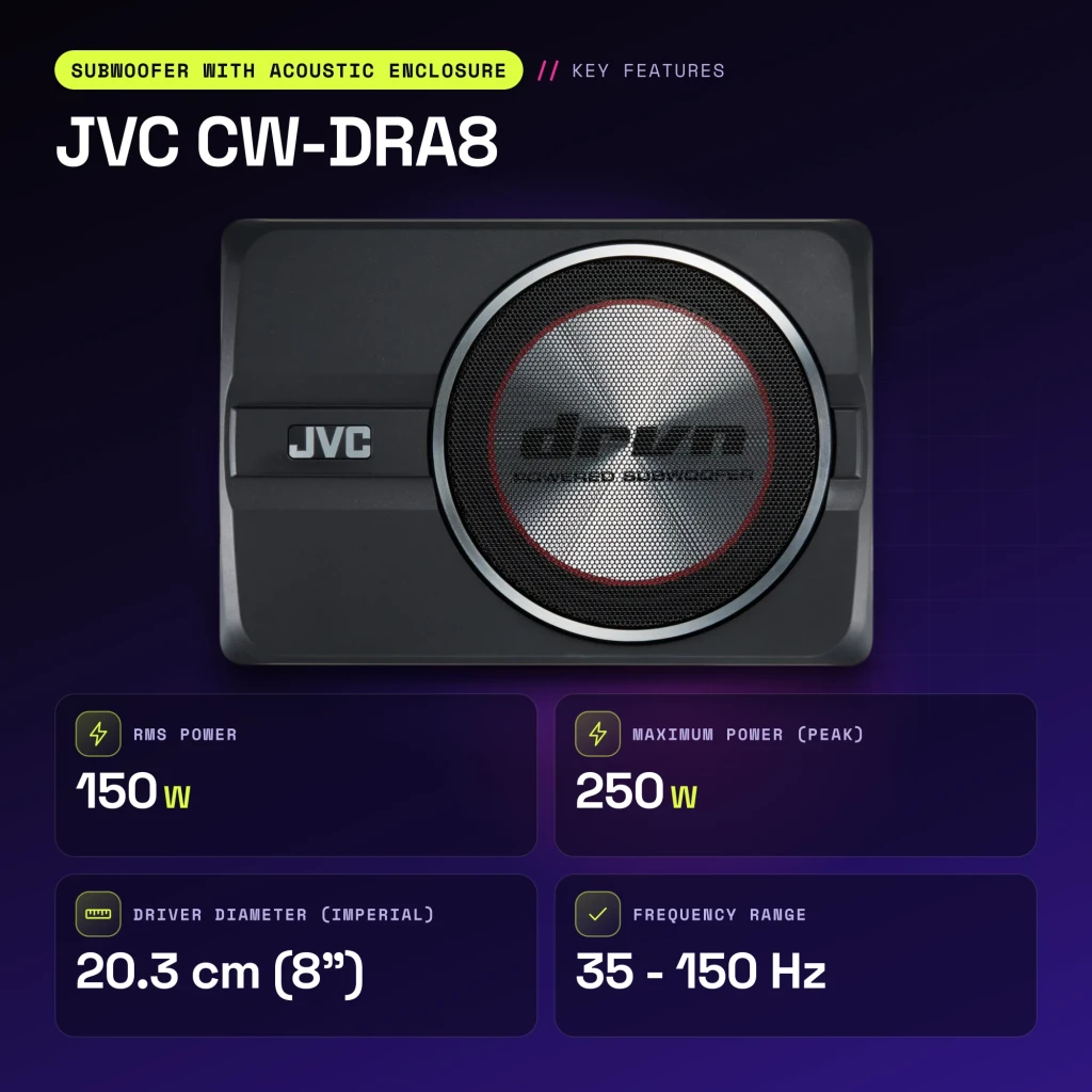 Subwoofer voiture JVC 8 pouces 150W RMS Noir CW-DRA8 - caractéristiques