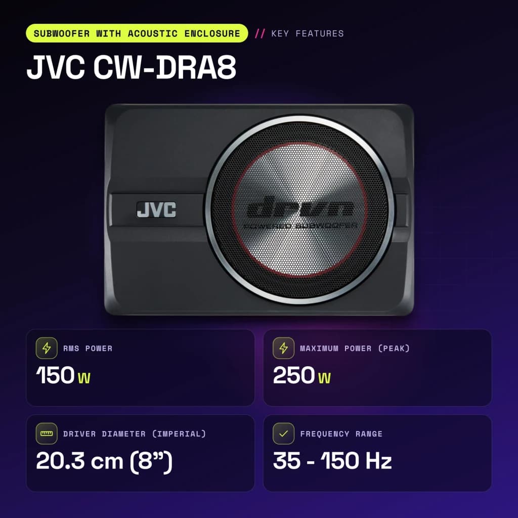 Subwoofer voiture JVC 8 pouces 150W RMS Noir CW-DRA8 - caractéristiques