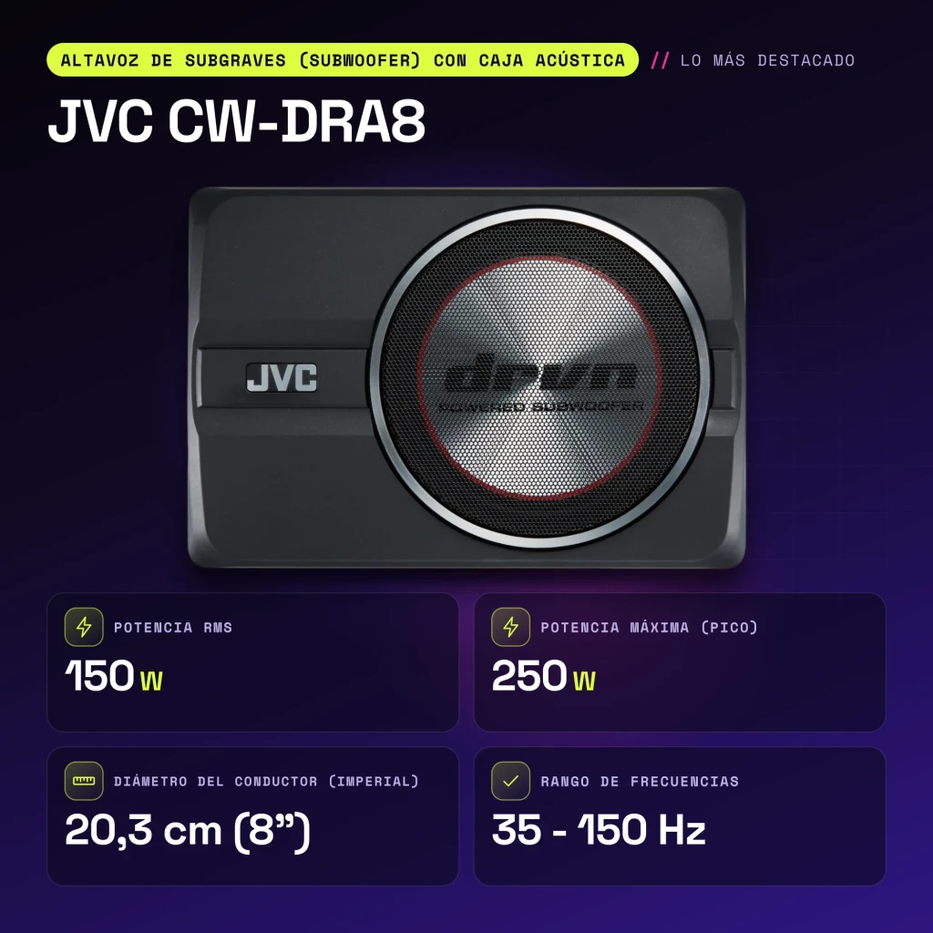 Subwoofer voiture JVC 8 pouces 150W RMS Noir CW-DRA8 - caractéristiques