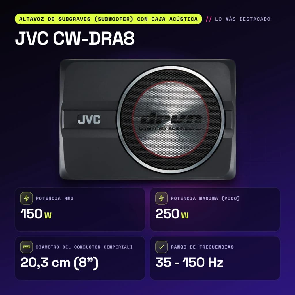 Subwoofer voiture JVC 8 pouces 150W RMS Noir CW-DRA8 - caractéristiques