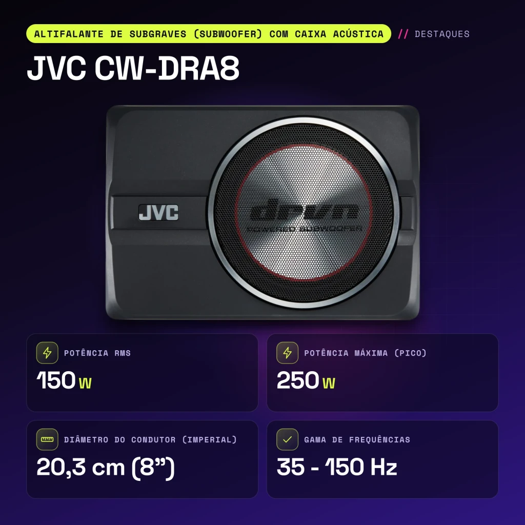 Subwoofer voiture JVC 8 pouces 150W RMS Noir CW-DRA8 - caractéristiques