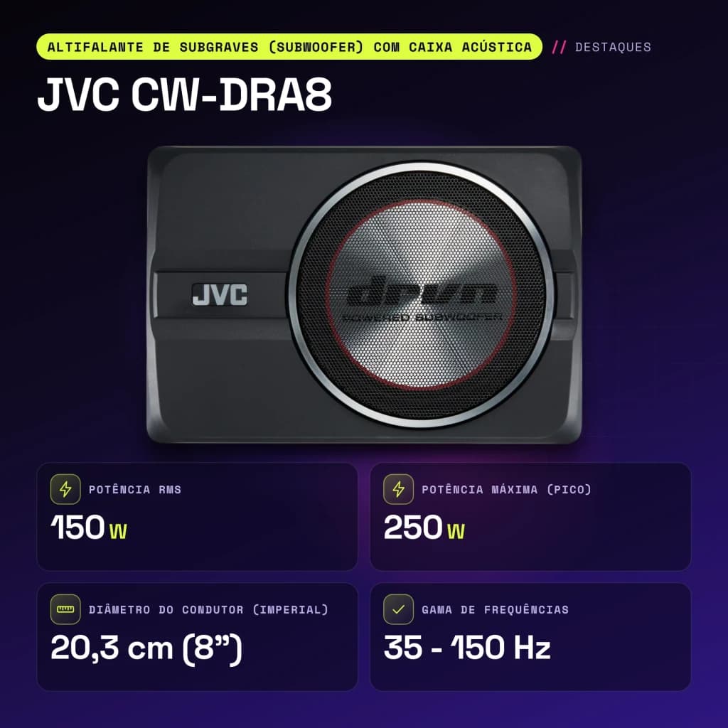 Subwoofer voiture JVC 8 pouces 150W RMS Noir CW-DRA8 - caractéristiques