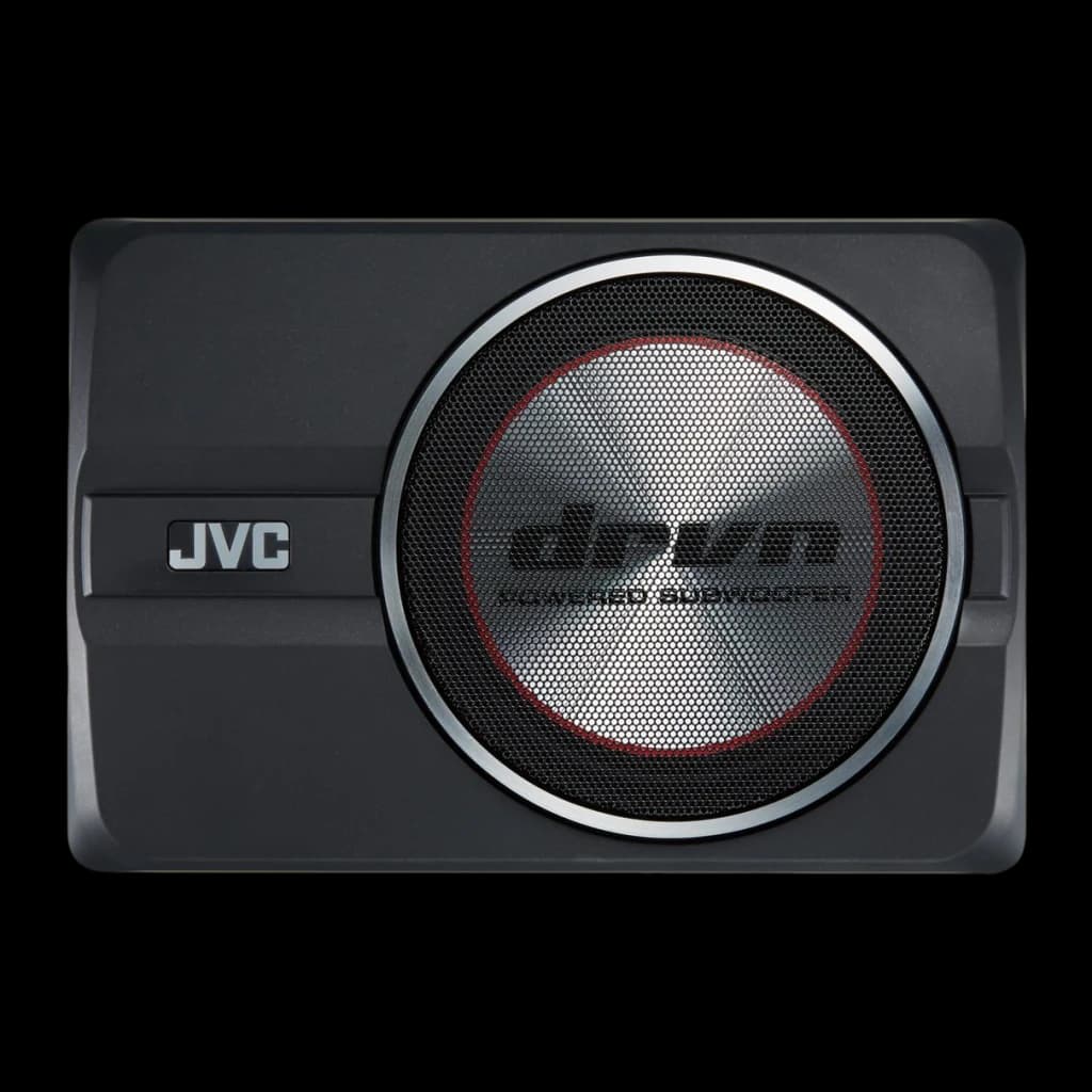 Subwoofer voiture JVC 8 pouces 150W RMS Noir CW-DRA8, vue avant: boîtier compact noir avec grille circulaire argentée