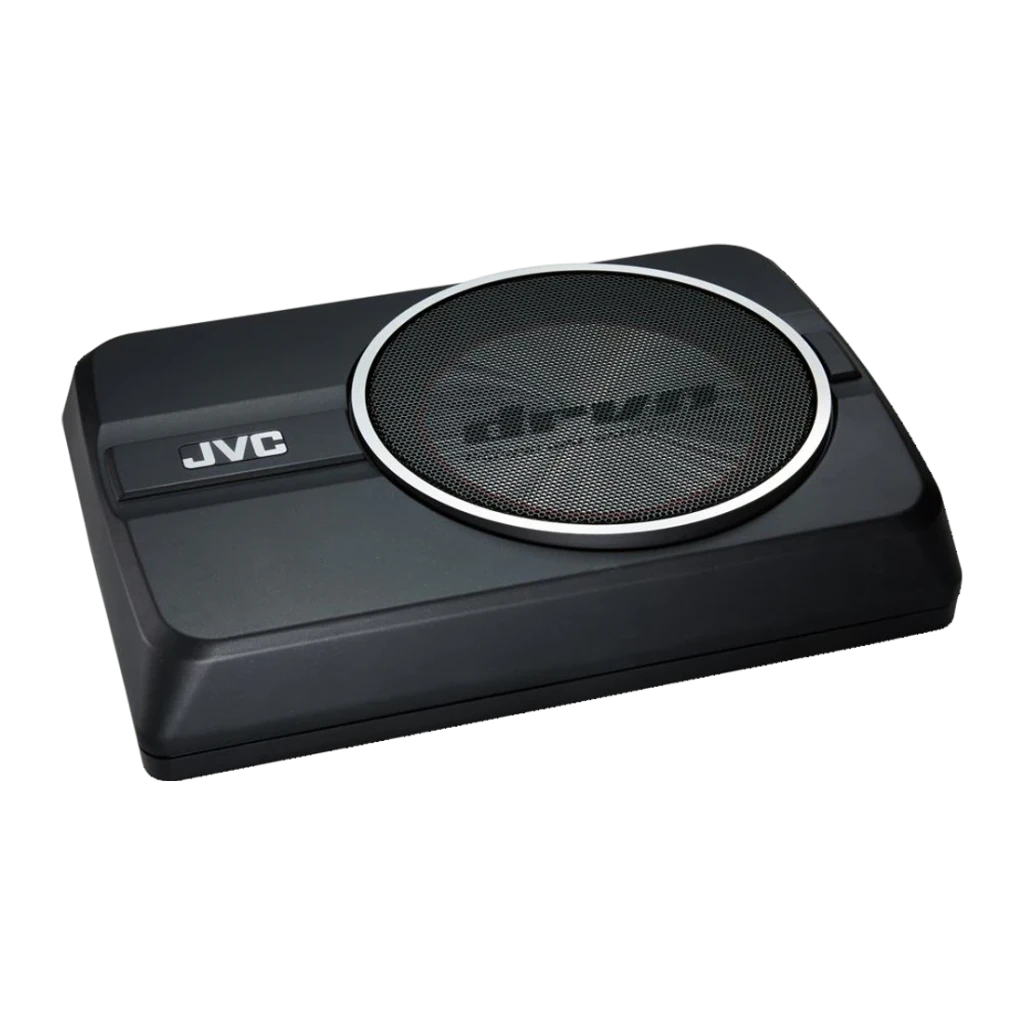 Subwoofer voiture JVC 8 pouces 150W RMS Noir CW-DRA8, détail: boîtier compact noir avec grille circulaire argentée et logo