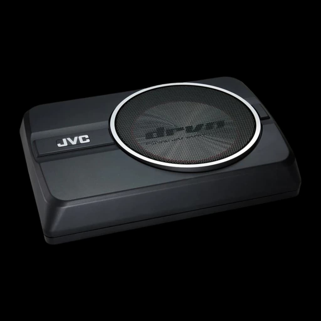 Subwoofer voiture JVC 8 pouces 150W RMS Noir CW-DRA8, détail: boîtier compact noir avec grille circulaire argentée et logo