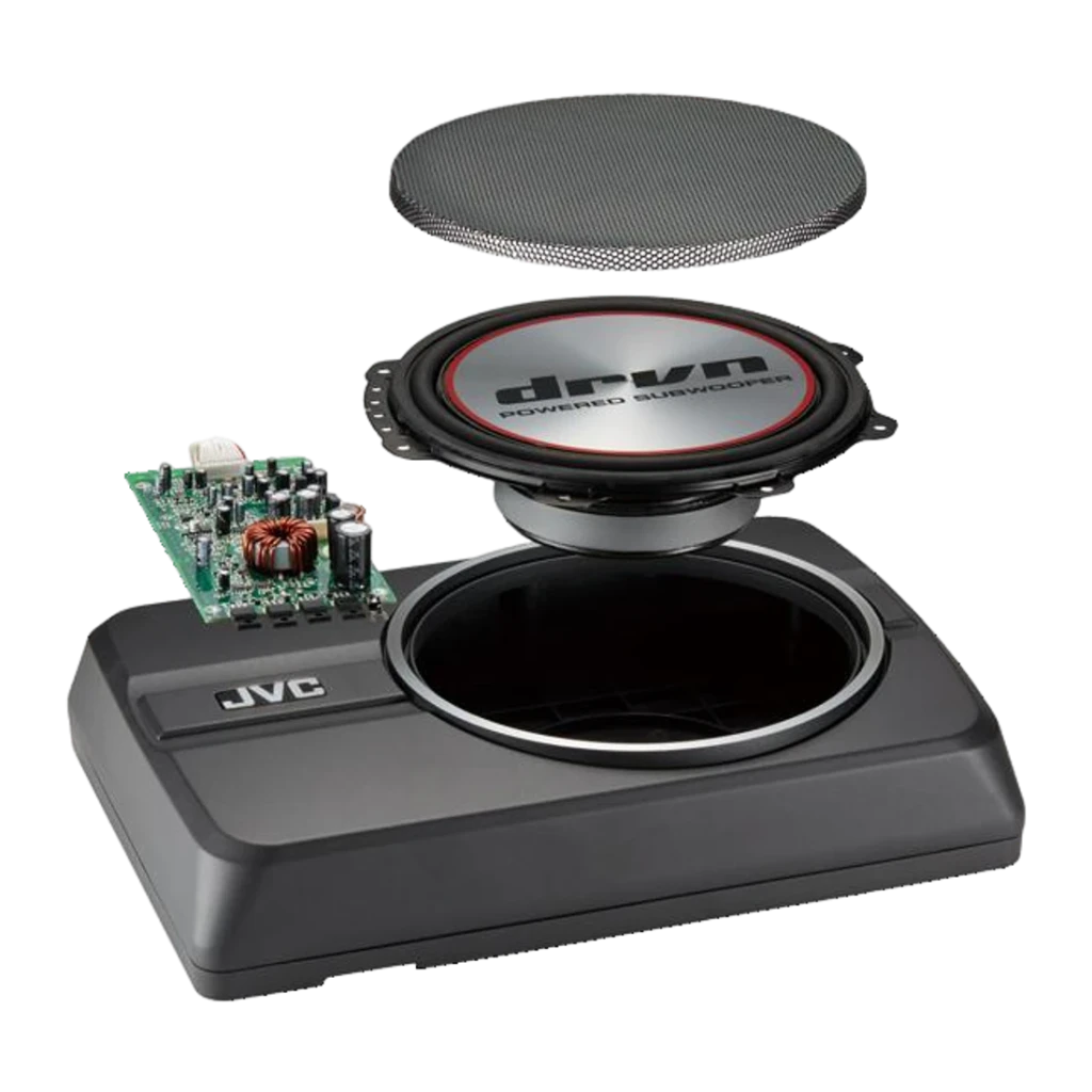 Subwoofer voiture JVC 8 pouces 150W RMS Noir CW-DRA8, détail: vue éclatée avec caisson, haut-parleur à liseré rouge, carte