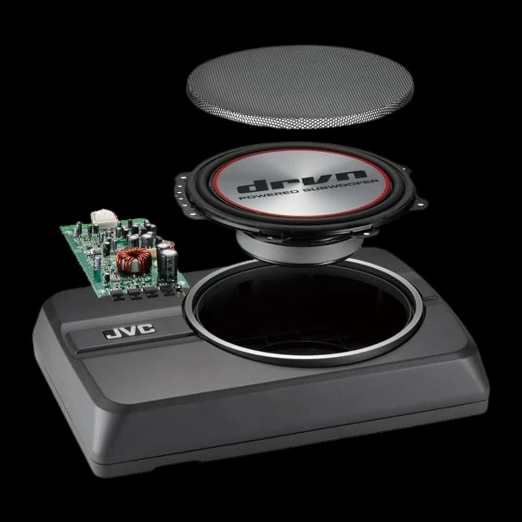 Subwoofer voiture JVC 8 pouces 150W RMS Noir CW-DRA8, détail: vue éclatée avec caisson, haut-parleur à liseré rouge, carte